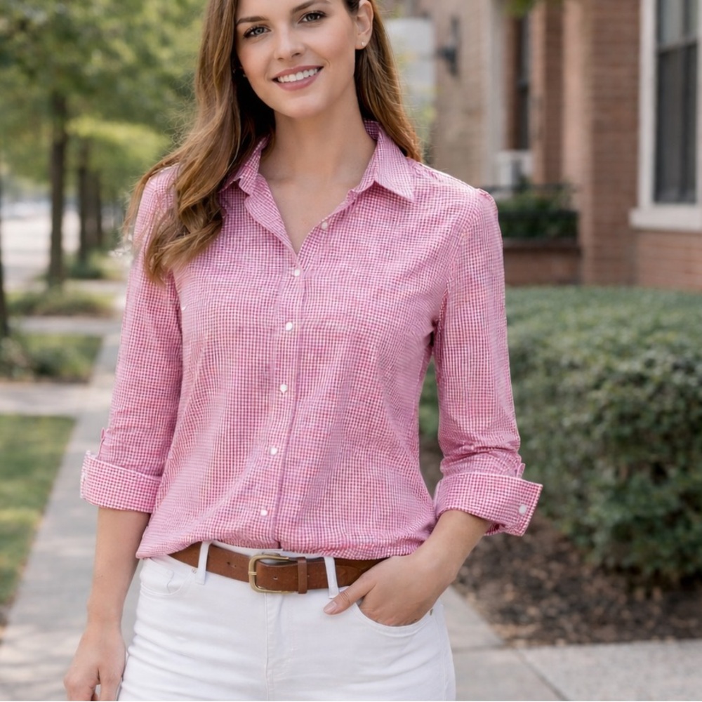 Lands' End Pink Gingham Button-Down Shirt